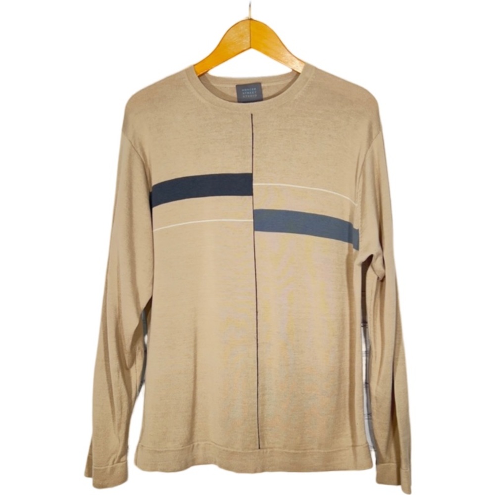 Mercer Street Studio Beige Black Gray Geometric Silk Blend Crew Neck Sweater L